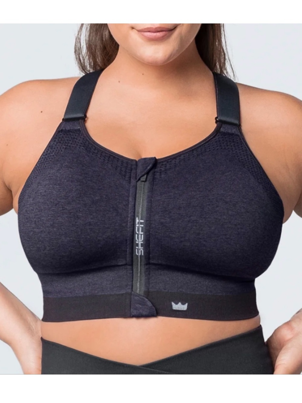 SHEFIT Flex Front-Zip Supportive Sports Bra Navy Blue Black Adjustable Sz Luxe